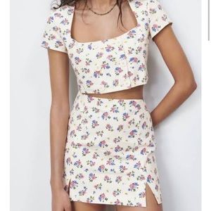 ZARA LINEN BLEND FLORAL PRINT TOP AND SKIRT SET S